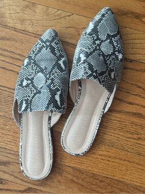 Pointed Toe Snake-Print Slide Mules, Size 10